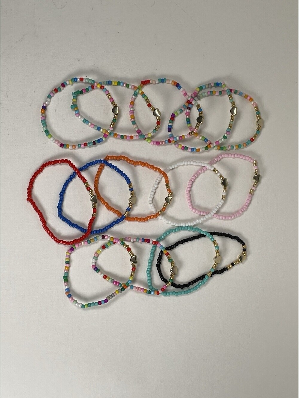 14 Handmade Beaded Friendship Bracelets Lot Colorful Glass Seed Bead Heart Charm